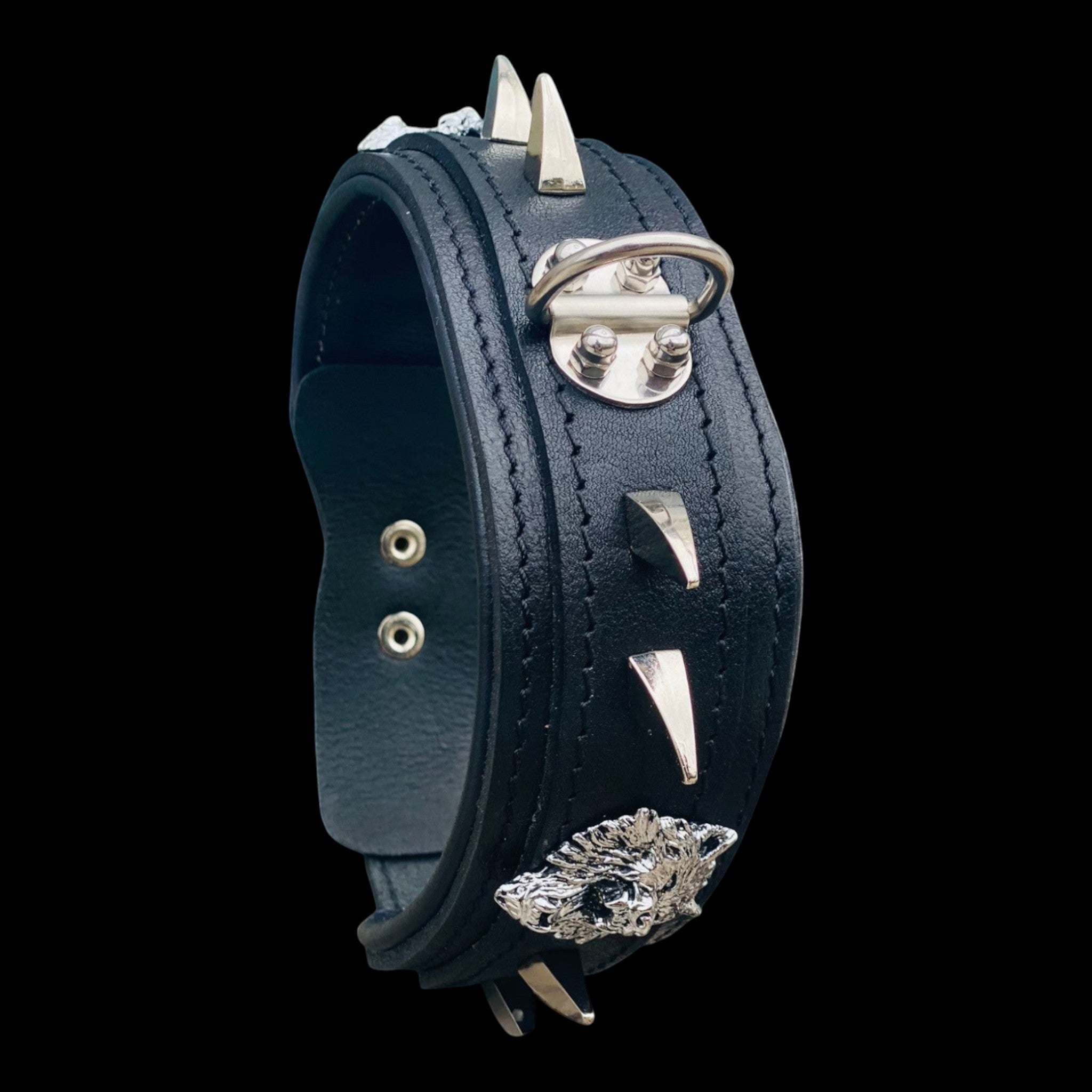 Custom wolf emblem leather dog collar for large breeds - A&C Dog Collars