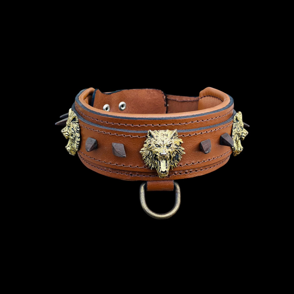 Custom wolf logo leather dog collar for large breeds