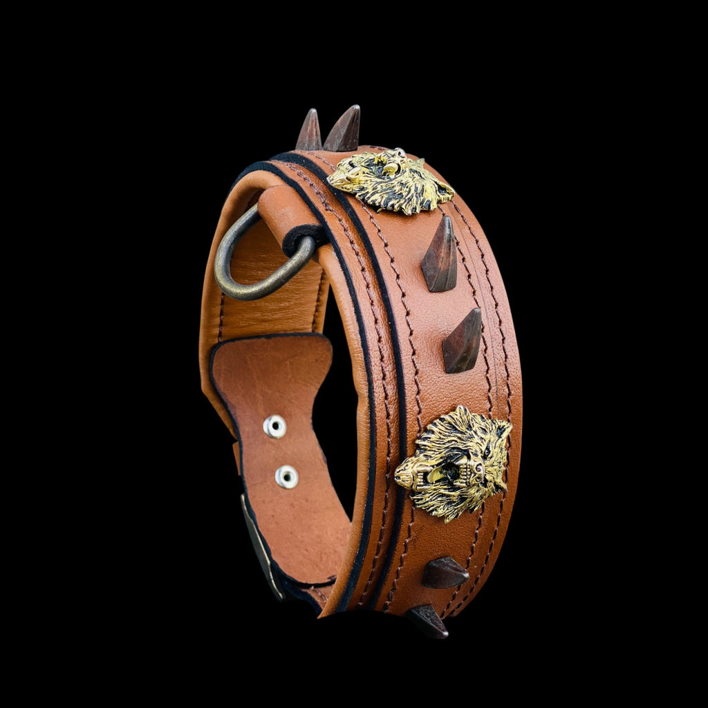 Custom wolf logo leather dog collar for large breeds