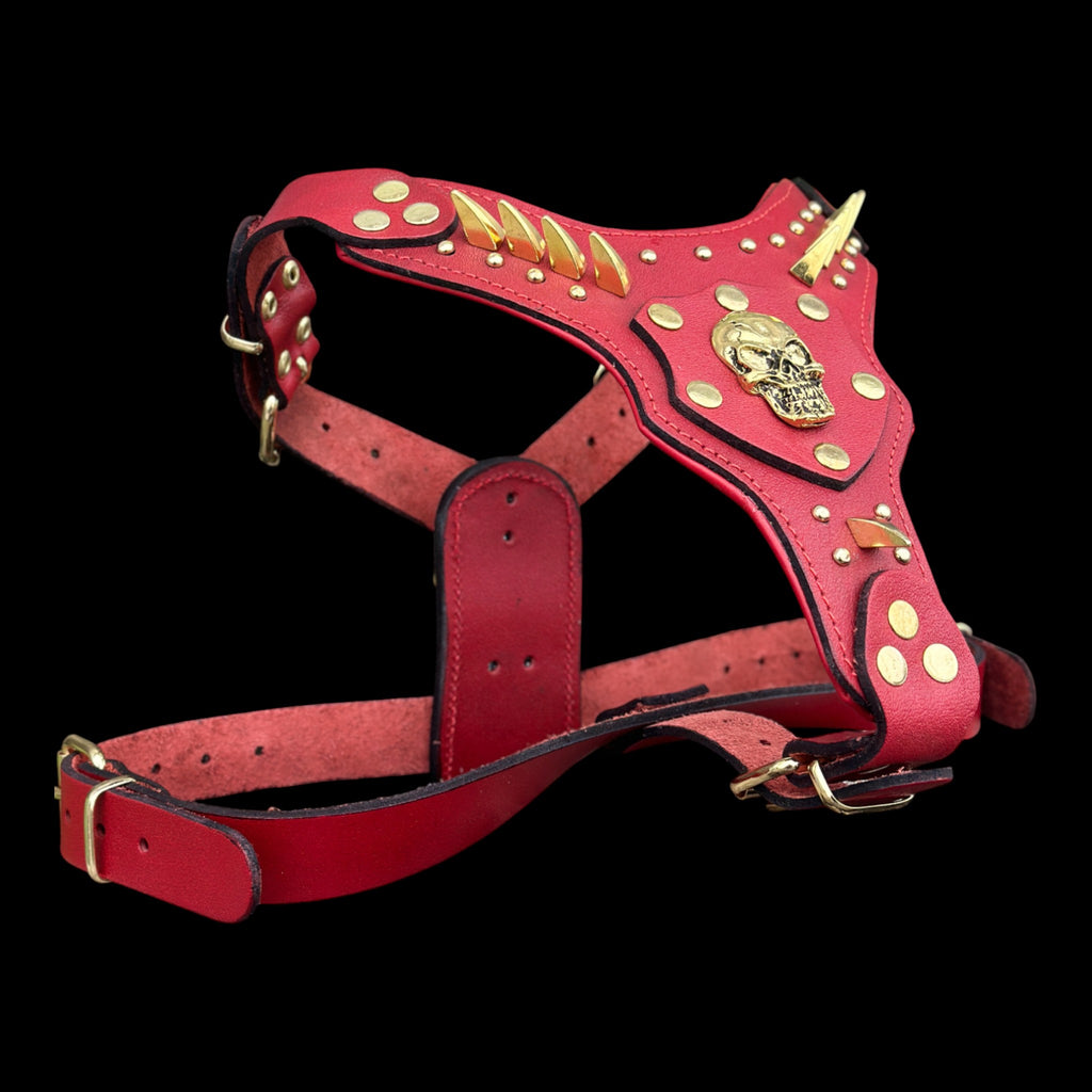 InfernoSkull™ Royale – Red Buffalo Leather Dog Harness with Gold Skull Emblem