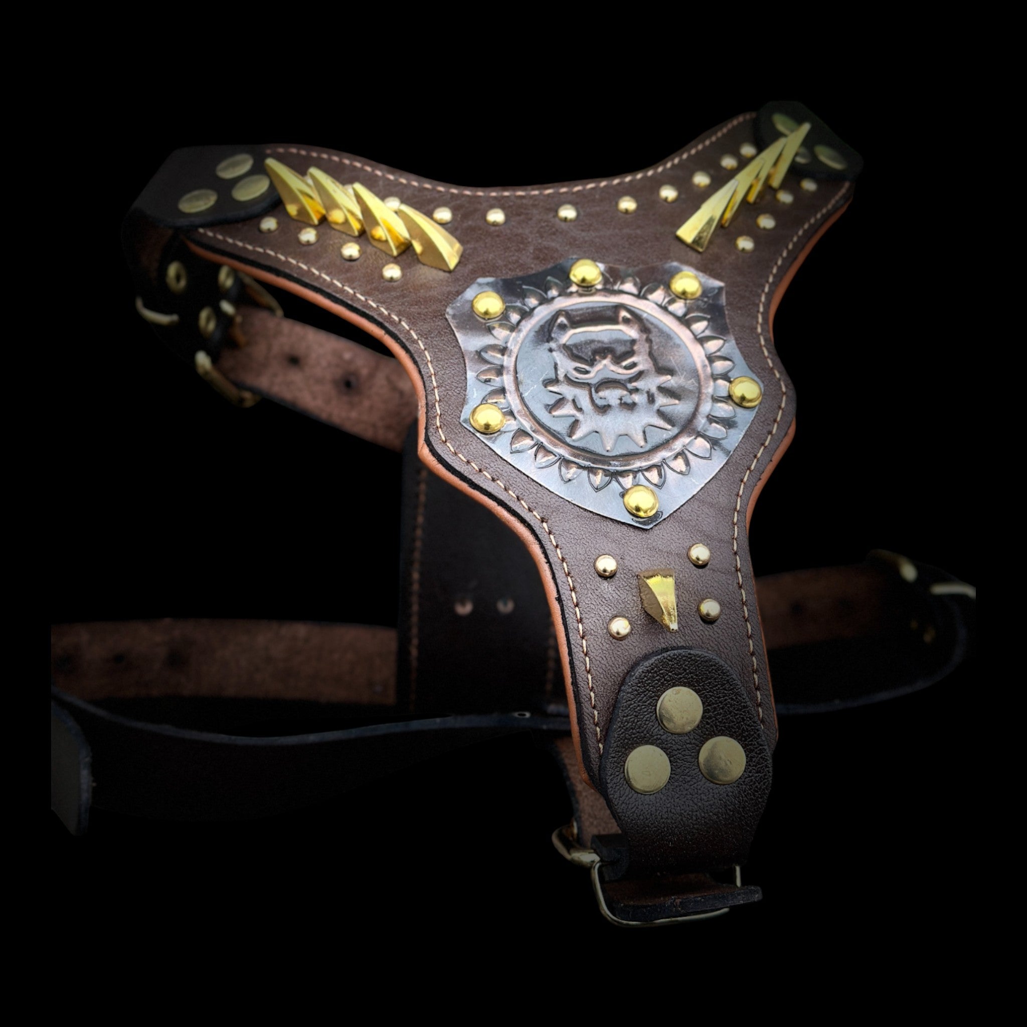 Brown Leather Dog Harness with Copper Engraved Logo & Gold Spikes – Handmade Chest Harness for Large Breeds