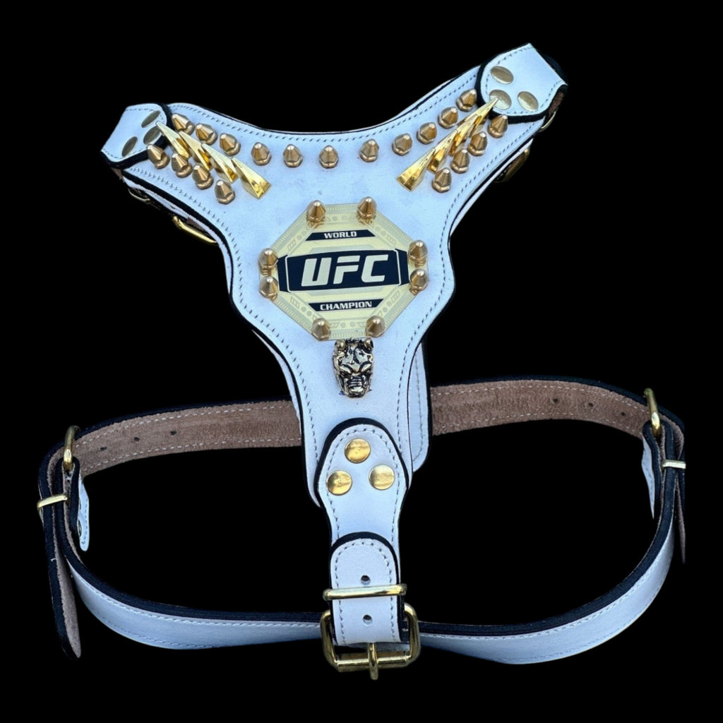 A&C Dog Collars beyaz deri UFC temalı, altın detaylı ve çivili özel tasarım köpek göğüs tasması seti