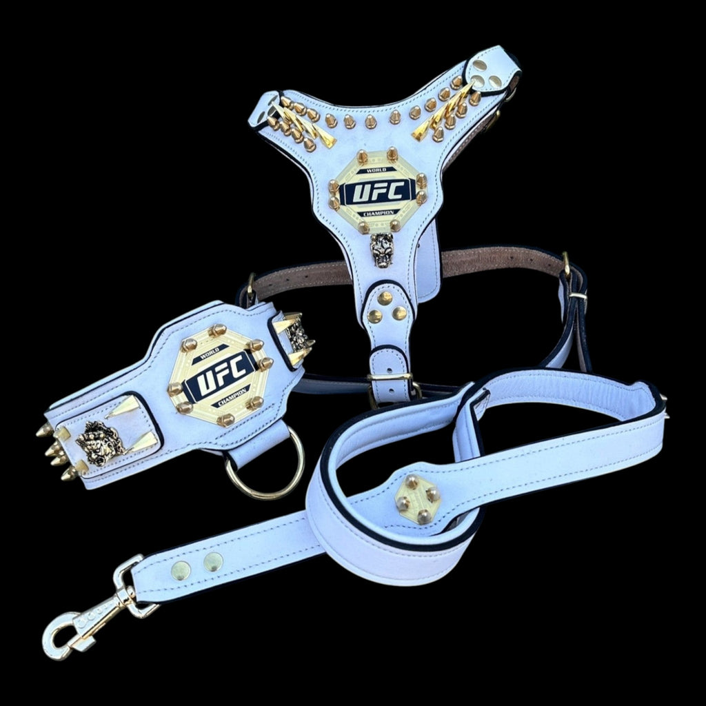 A&C Dog Collars beyaz deri UFC temalı çivili köpek göğüs tasması, boyun tasması ve tasma seti