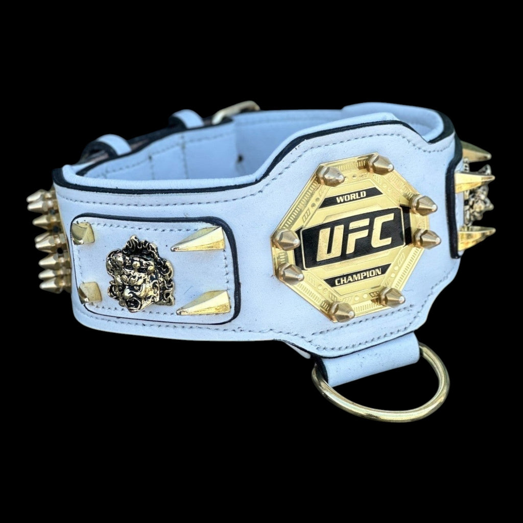 A&C Dog Collars beyaz deri UFC temalı, altın detaylı ve çivili özel tasarım köpek boyun tasması