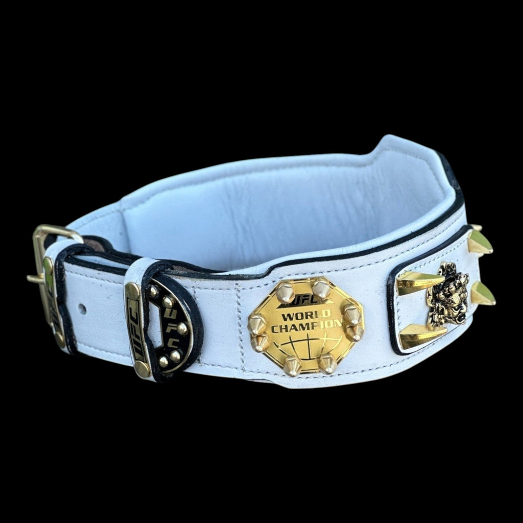 A&C Dog Collars beyaz deri UFC temalı altın detaylı ve çivili özel tasarım köpek boyun tasması