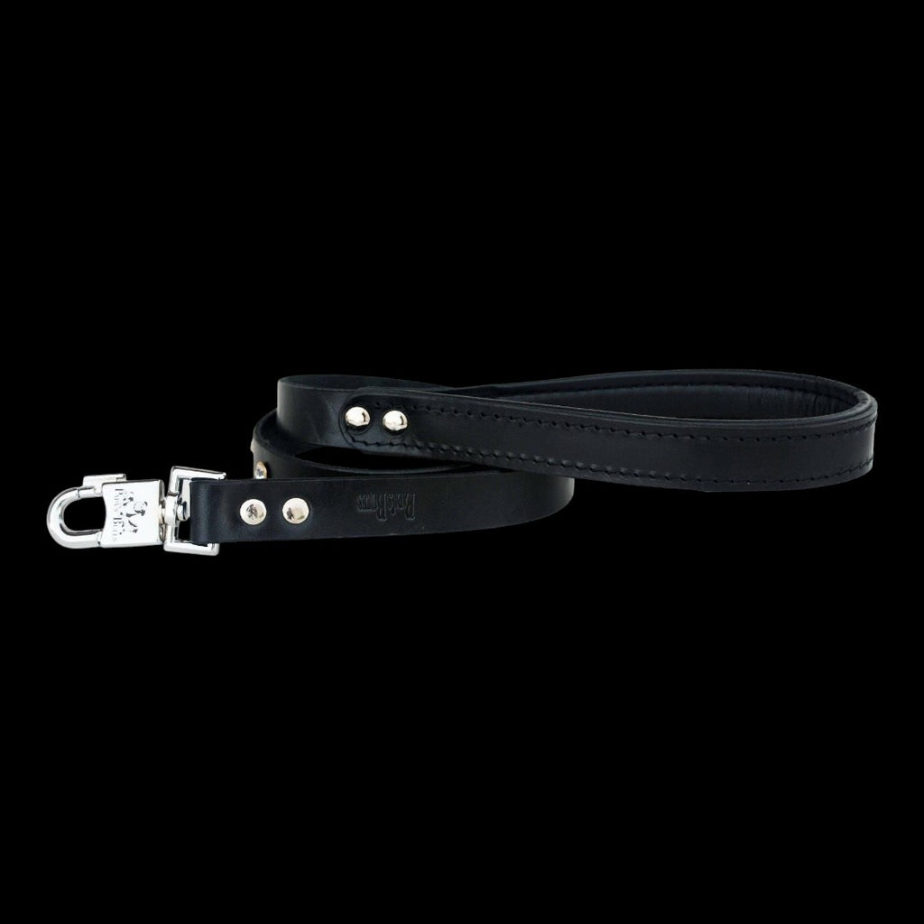 A&C Dog Collars handmade black buffalo leather dog leash with durable stainless chrome hardware and reinforced stitching.