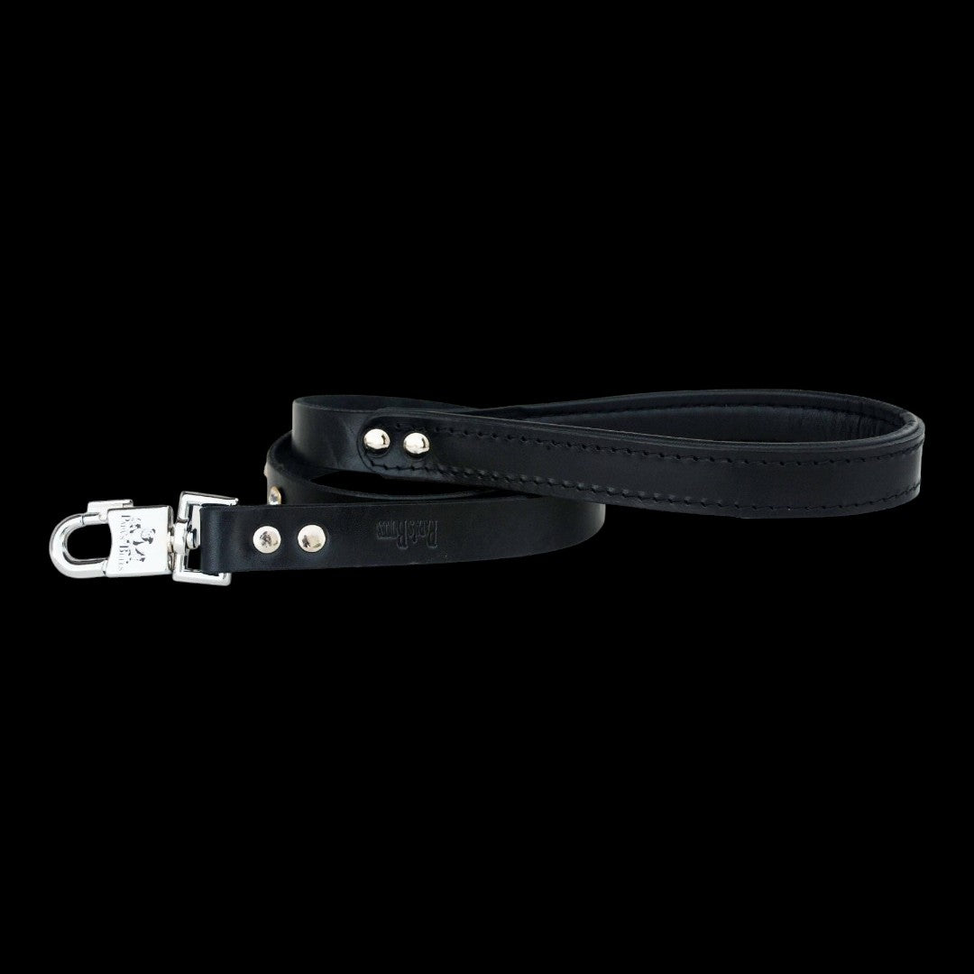 A&C Dog Collars handmade black buffalo leather dog leash with durable stainless chrome hardware and reinforced stitching.
