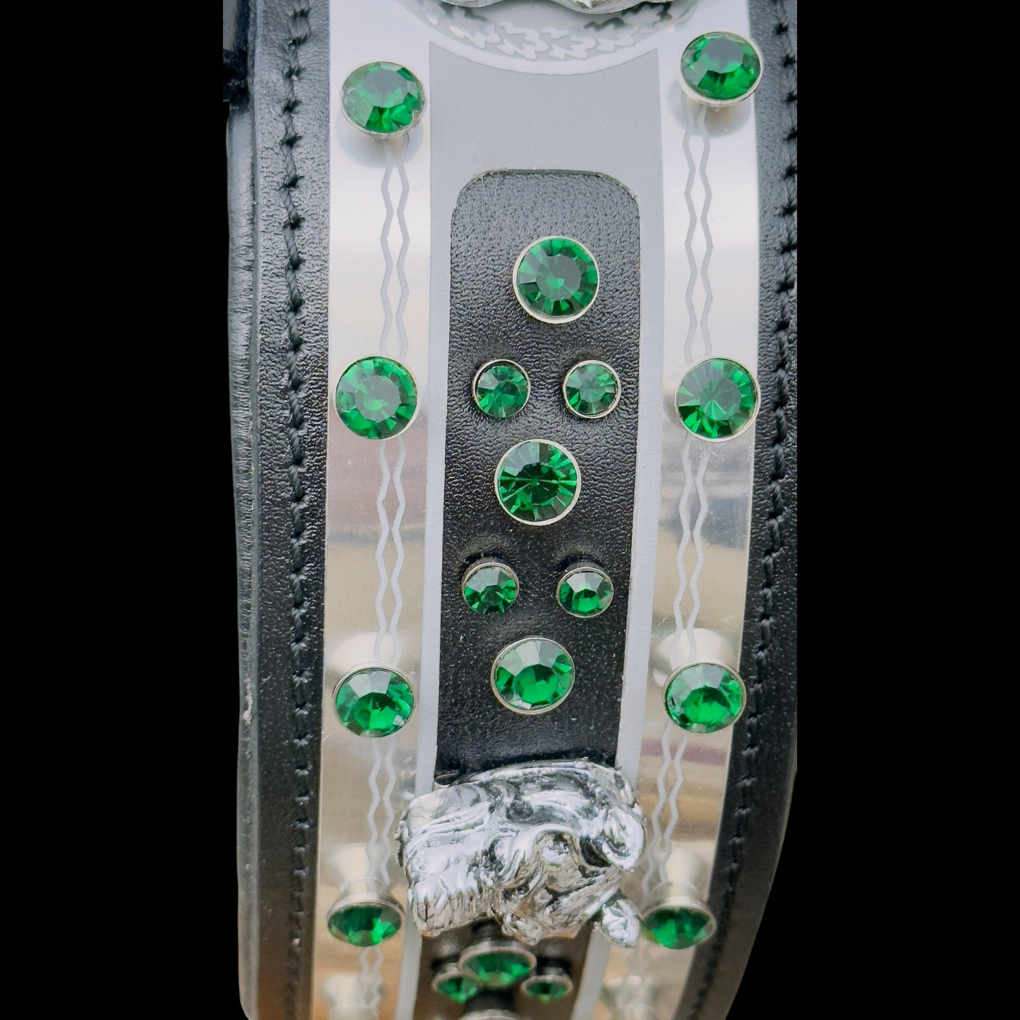 A&C Dog Collars handmade black buffalo leather dog collar featuring silver metal accents and sparkling green crystals.