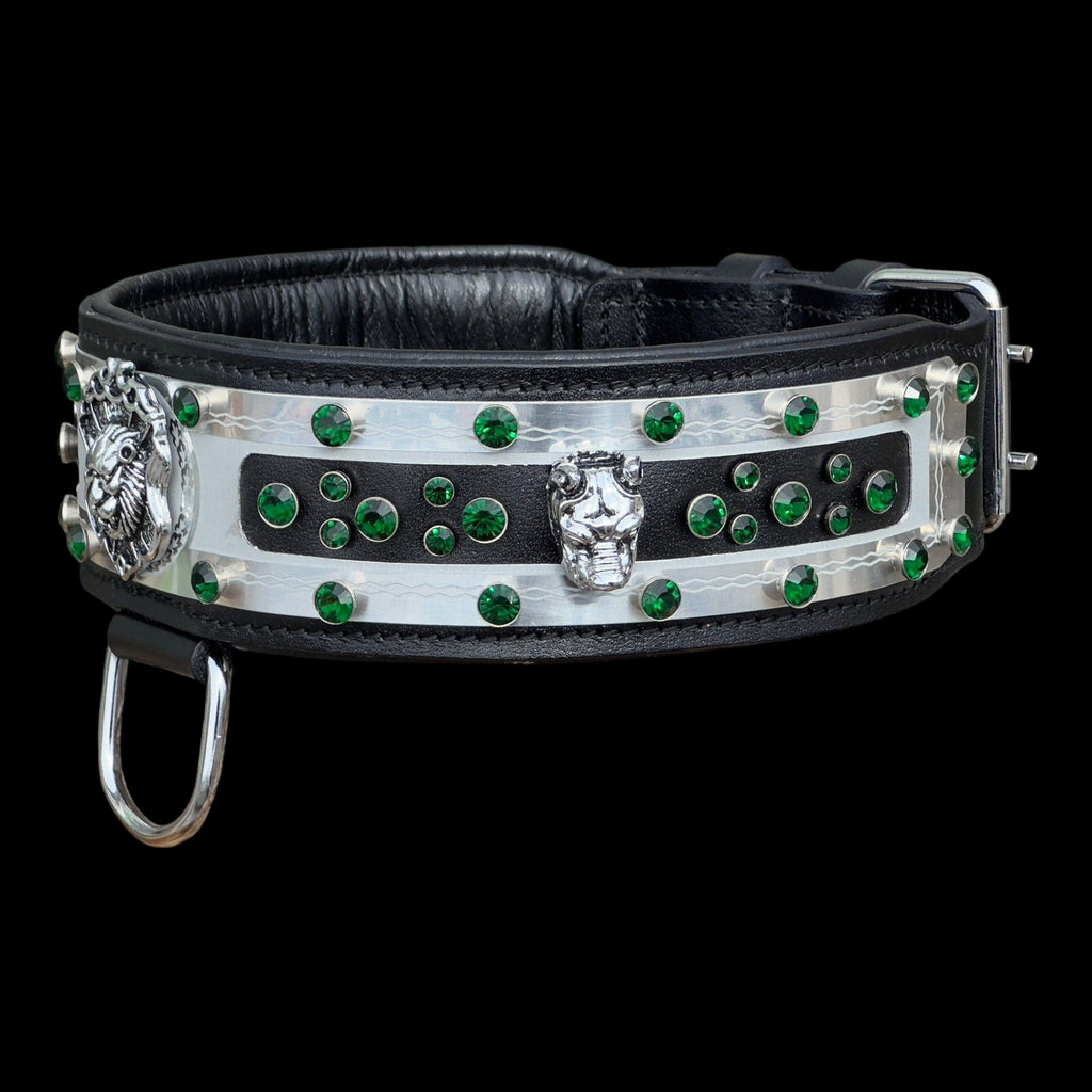 A&C Dog Collars handmade black buffalo leather dog collar with silver lion accents and green crystal embellishments.