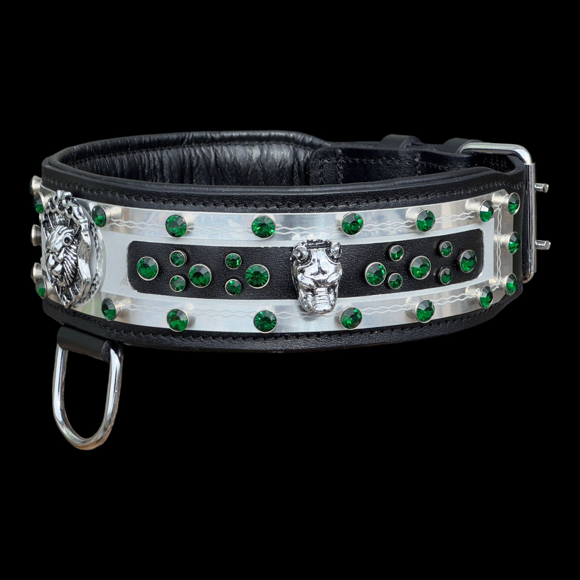 A&C Dog Collars handmade black buffalo leather dog collar with silver lion accents and green crystal embellishments.