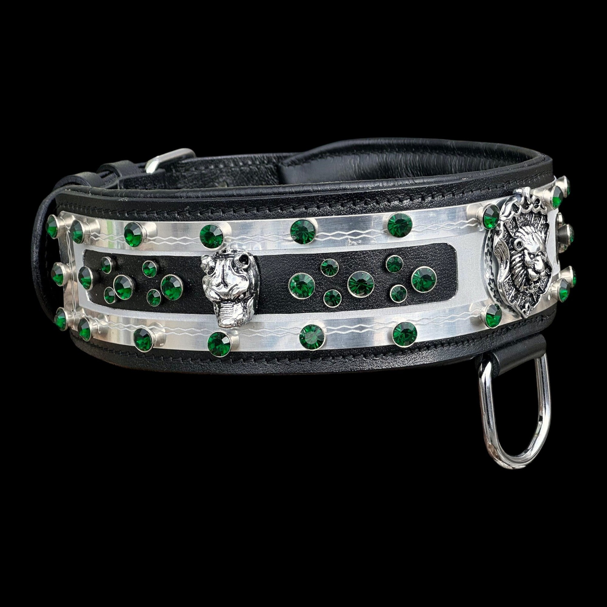 A&C Dog Collars handmade black buffalo leather dog collar featuring silver lion accents and green crystal embellishments