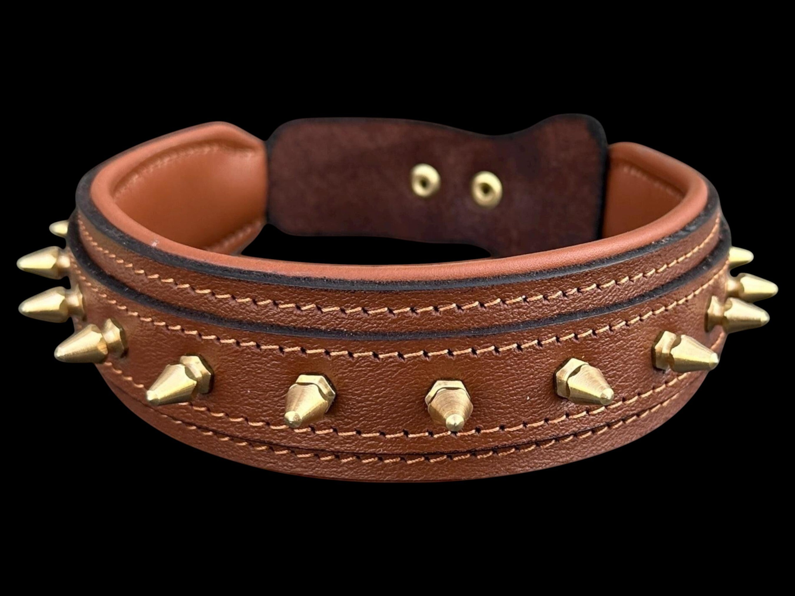 A&C Dog Collars brown buffalo leather dog collar featuring polished gold spikes and hand-stitched padded interior.