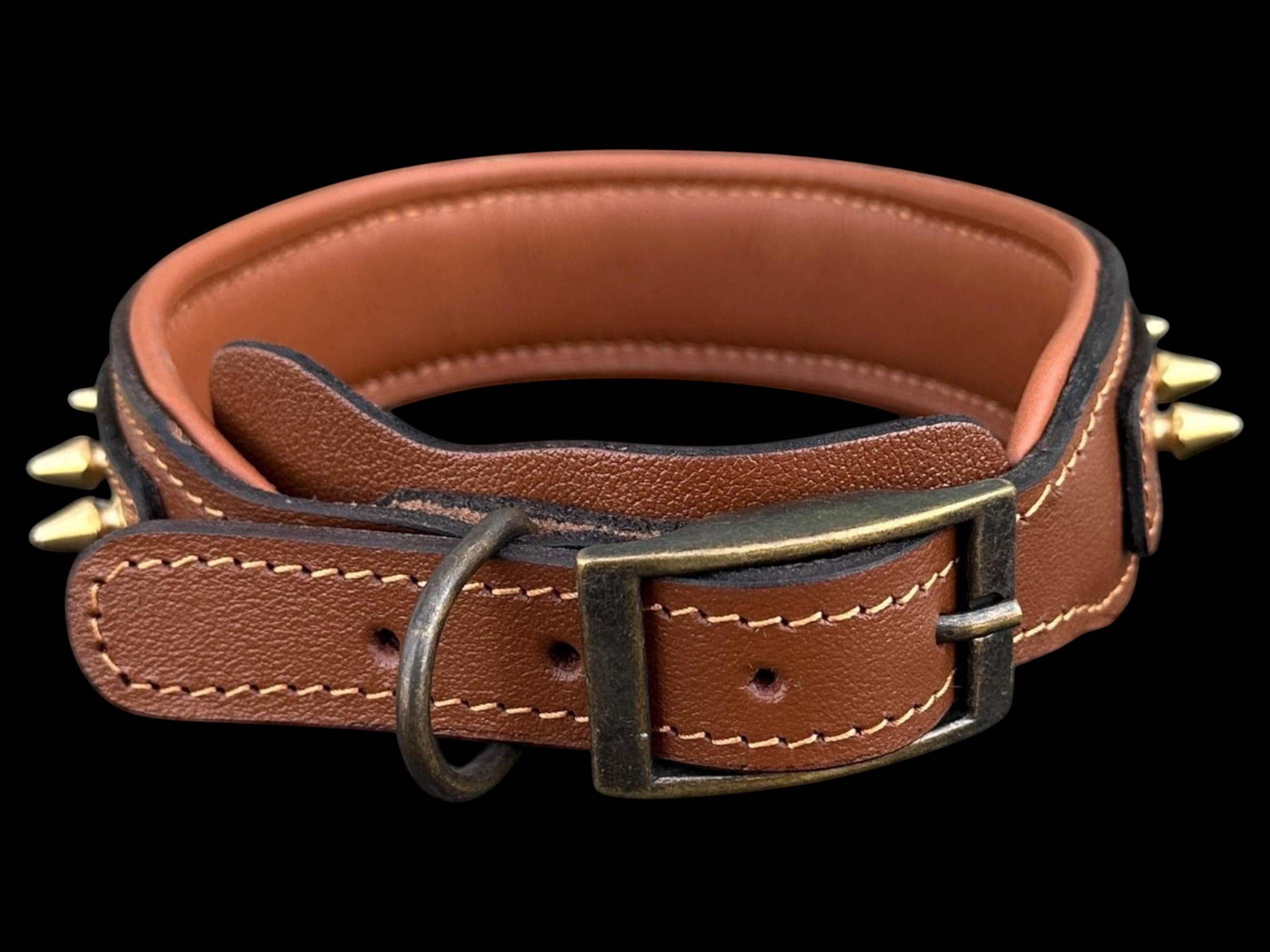 A&C Dog Collars brown buffalo leather dog collar with gold spikes, padded interior, and heavy-duty buckle.