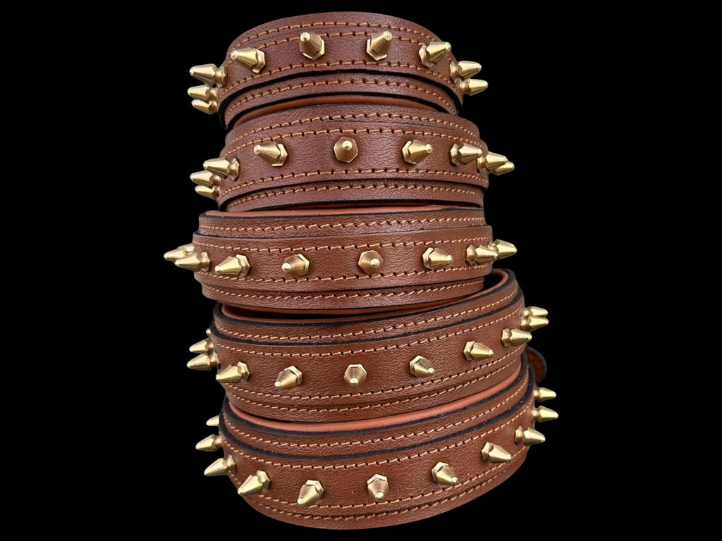 A&C Dog Collars brown buffalo leather dog collar with polished gold spikes and hand-stitched detailing