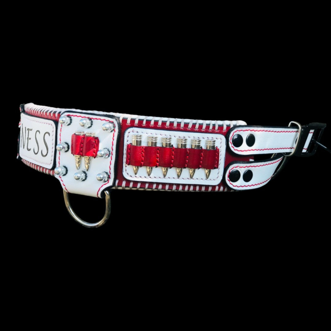 A&C Dog Collars handmade white and red buffalo leather dog collar featuring brass bullet accents and custom engraving.