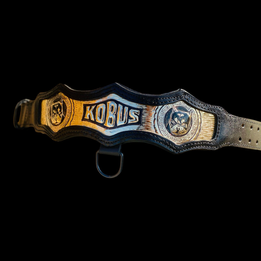 A&C Dog Collars custom buffalo leather dog collar with engraved copper nameplate and mythical warrior head emblems.