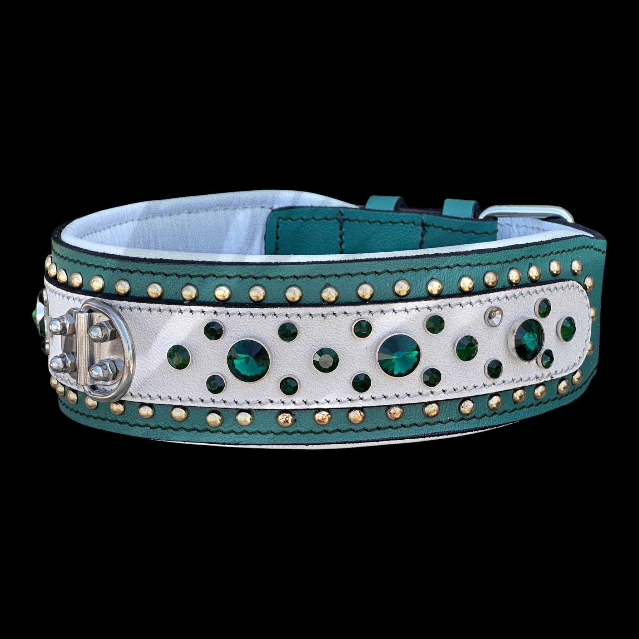 A&C Dog Collars handmade green and white leather dog collar featuring crystal stones and a heavy-duty steel D-ring.