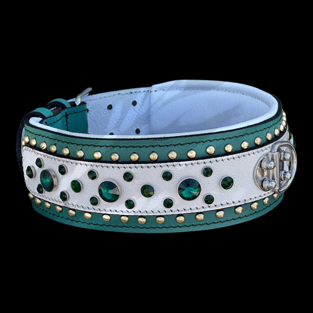 A&C Dog Collars handmade green and white leather dog collar with crystal stones and heavy-duty steel D-ring
