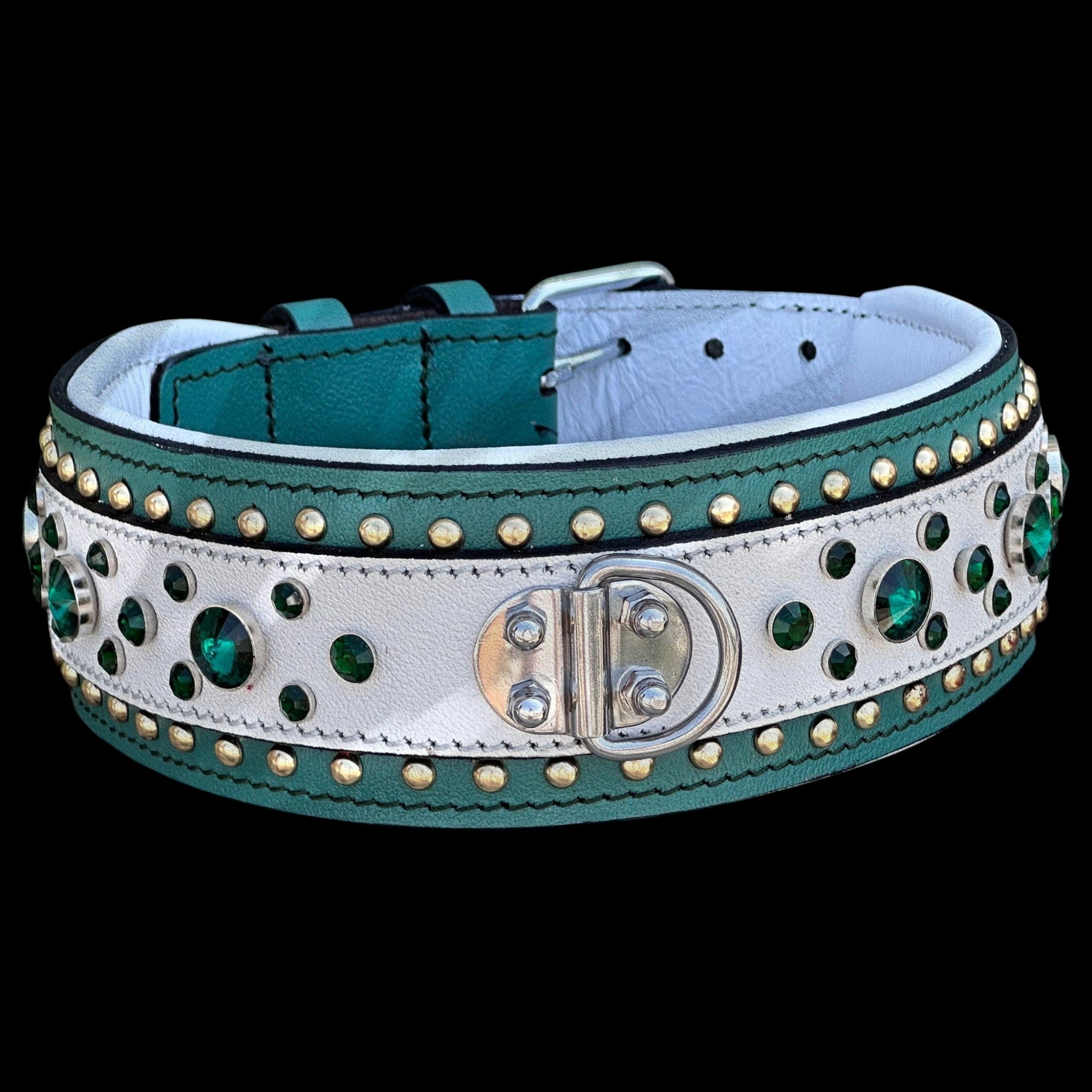 A&C Dog Collars handmade leather dog collar in green and white with crystal stones and a heavy-duty steel D-ring.