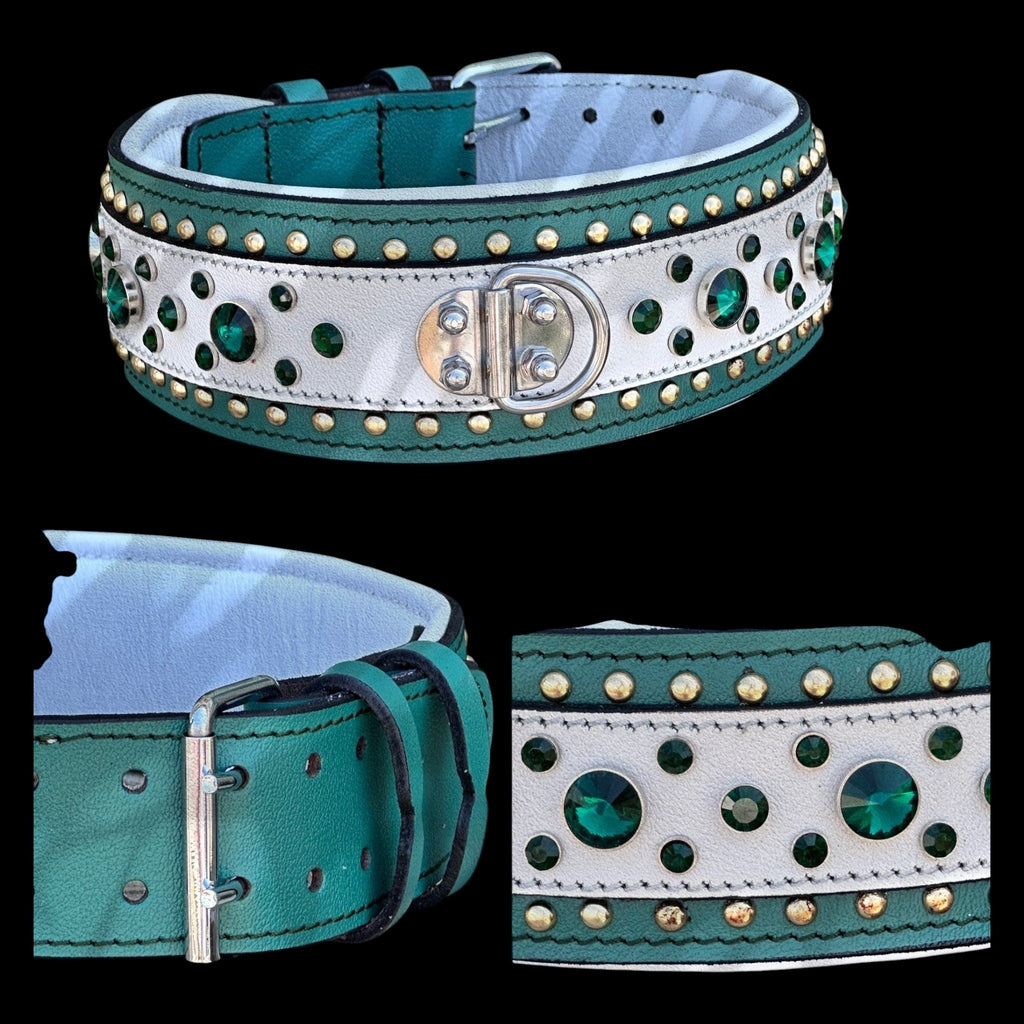 A&C Dog Collars handmade green and white leather dog collar with crystal stones and heavy-duty steel D-ring hardware.