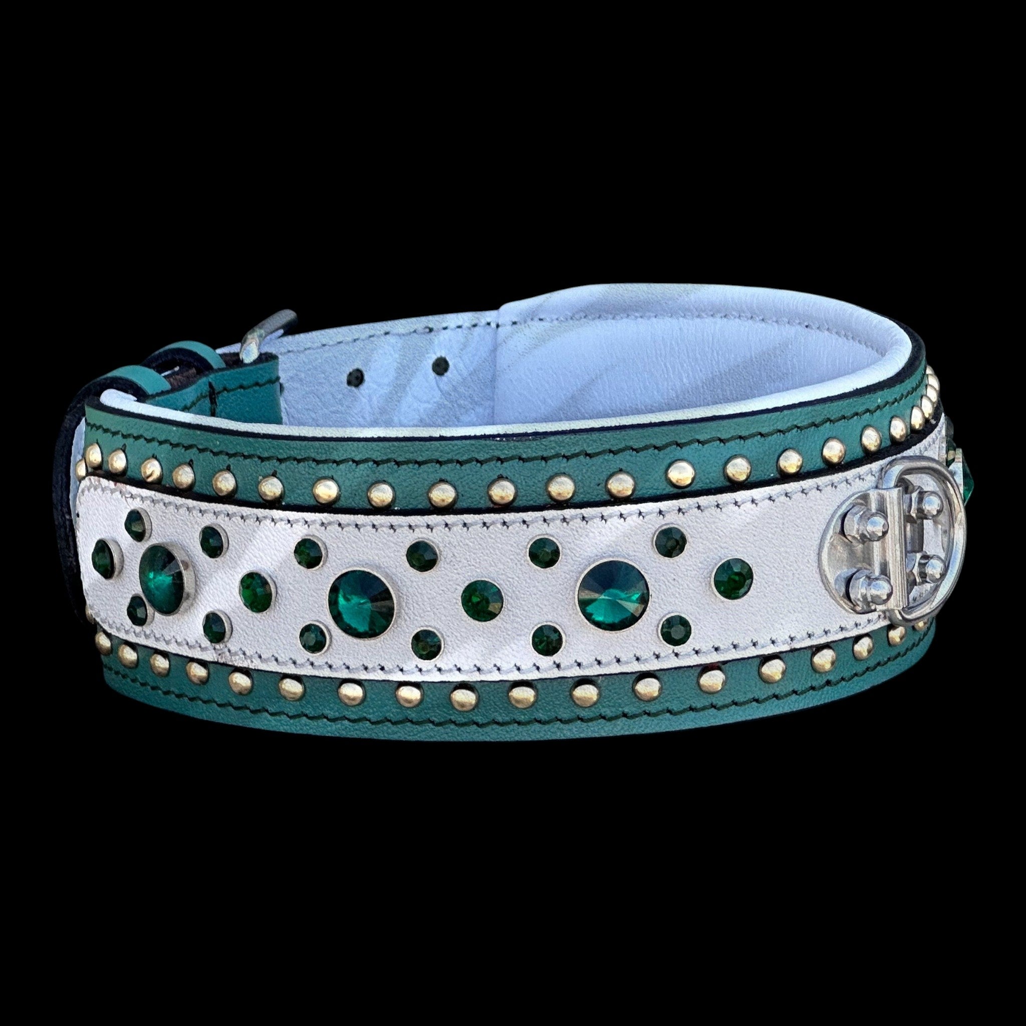 A&C Dog Collars handmade green and white leather dog collar with crystal stones and a heavy-duty steel D-ring.
