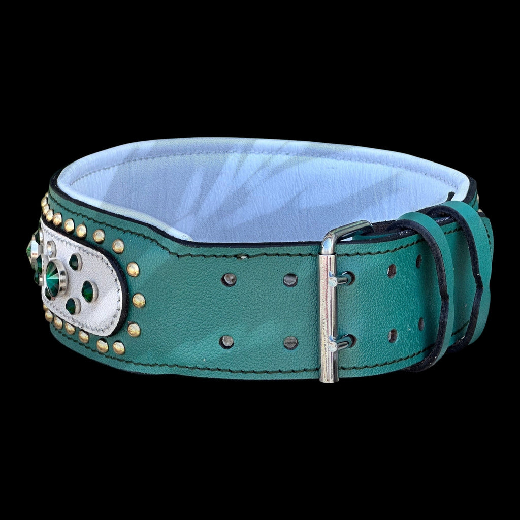 A&C Dog Collars handmade green leather collar for large breeds featuring green and white crystals and steel hardware.