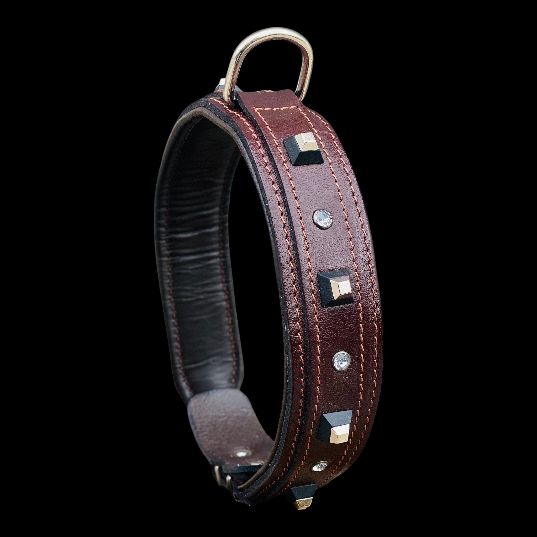 A&C Dog Collars marka, siyah küp çivili ve kristal taşlı, dolgulu astarlı koyu kahverengi manda derisi köpek tasması.