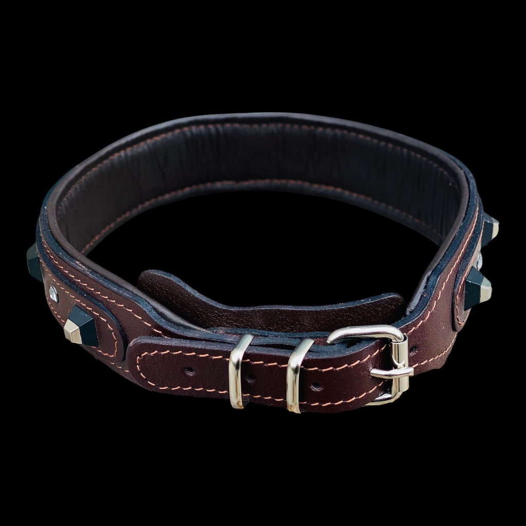 A&C Dog Collars marka, siyah metal çivili ve kristal taşlı, koyu kahverengi manda derisi dolgulu köpek tasması.
