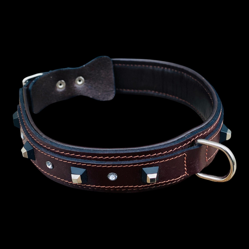 A&C Dog Collars koyu kahverengi manda derisi köpek tasması, siyah küp çiviler ve kristal taş detaylı, dolgulu iç astar