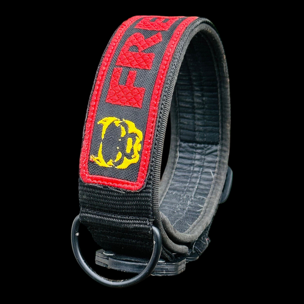 A&C Dog Collars marka, üzerinde kırmızı nakışlı yazı ve logo bulunan, siyah dayanıklı kumaş köpek tasması.