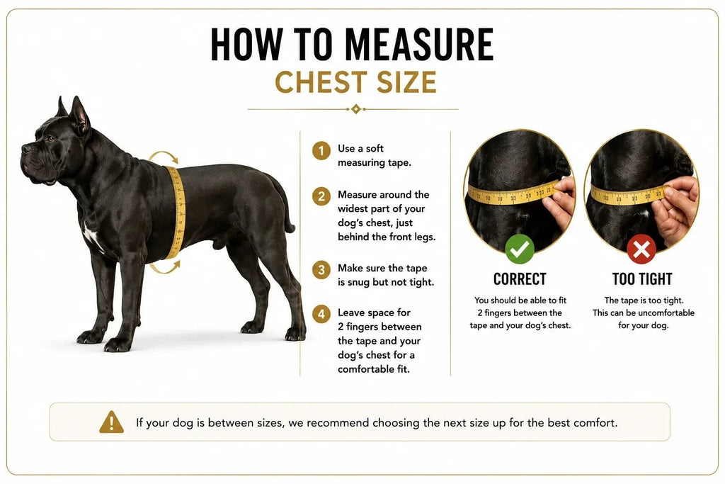 A&C Dog Collars göğüs ölçüsü alma rehberi, siyah bir köpeğin üzerinde mezura ile doğru ölçüm yöntemini gösteriyor.
