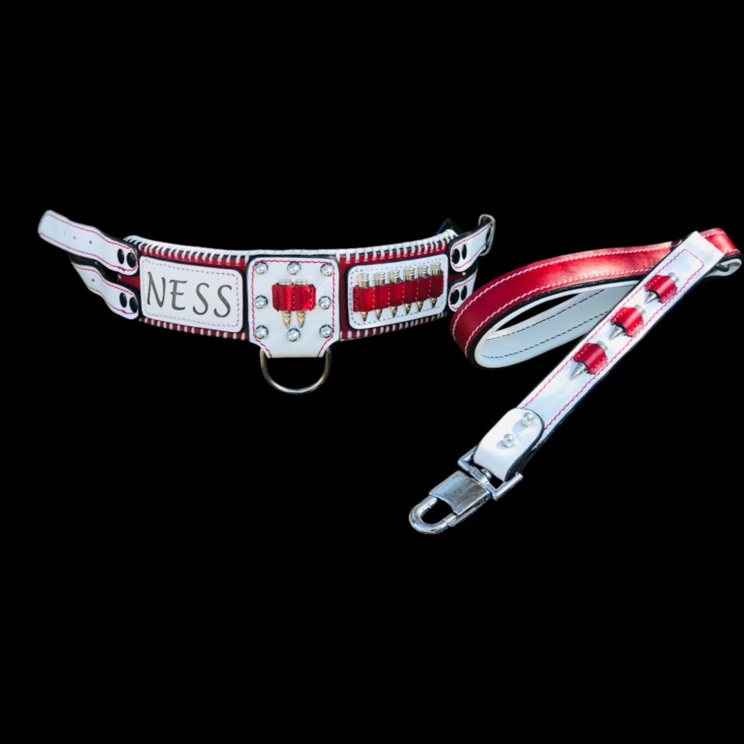 A&C Dog Collars handmade buffalo leather collar and leash set in white and red with bullet accents and custom name