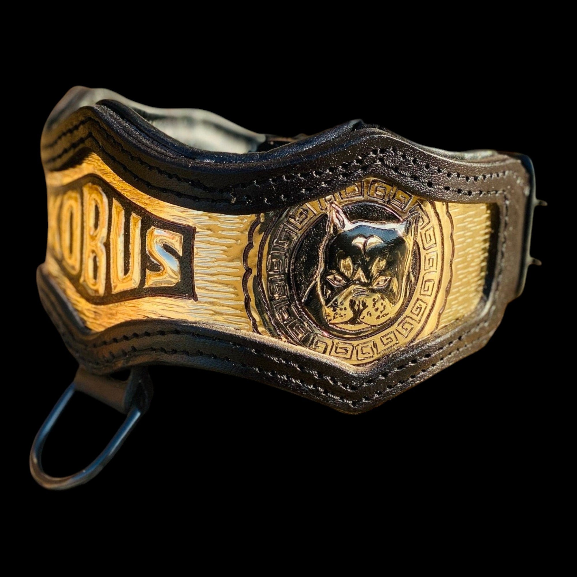 A&C Dog Collars handmade buffalo leather dog collar with engraved copper inlay, warrior emblem, and custom nameplate.