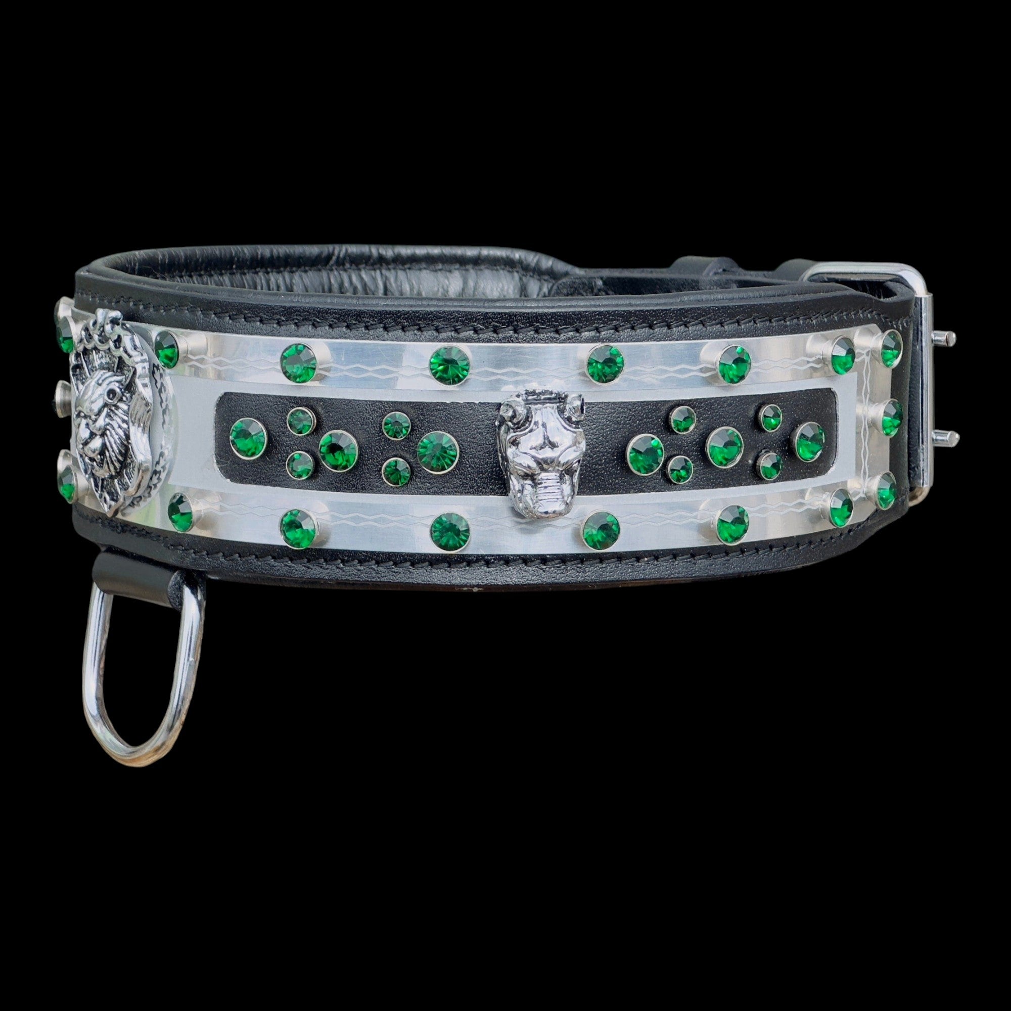 A&C Dog Collars handmade black buffalo leather dog collar with silver lion accents and green crystal embellishments.