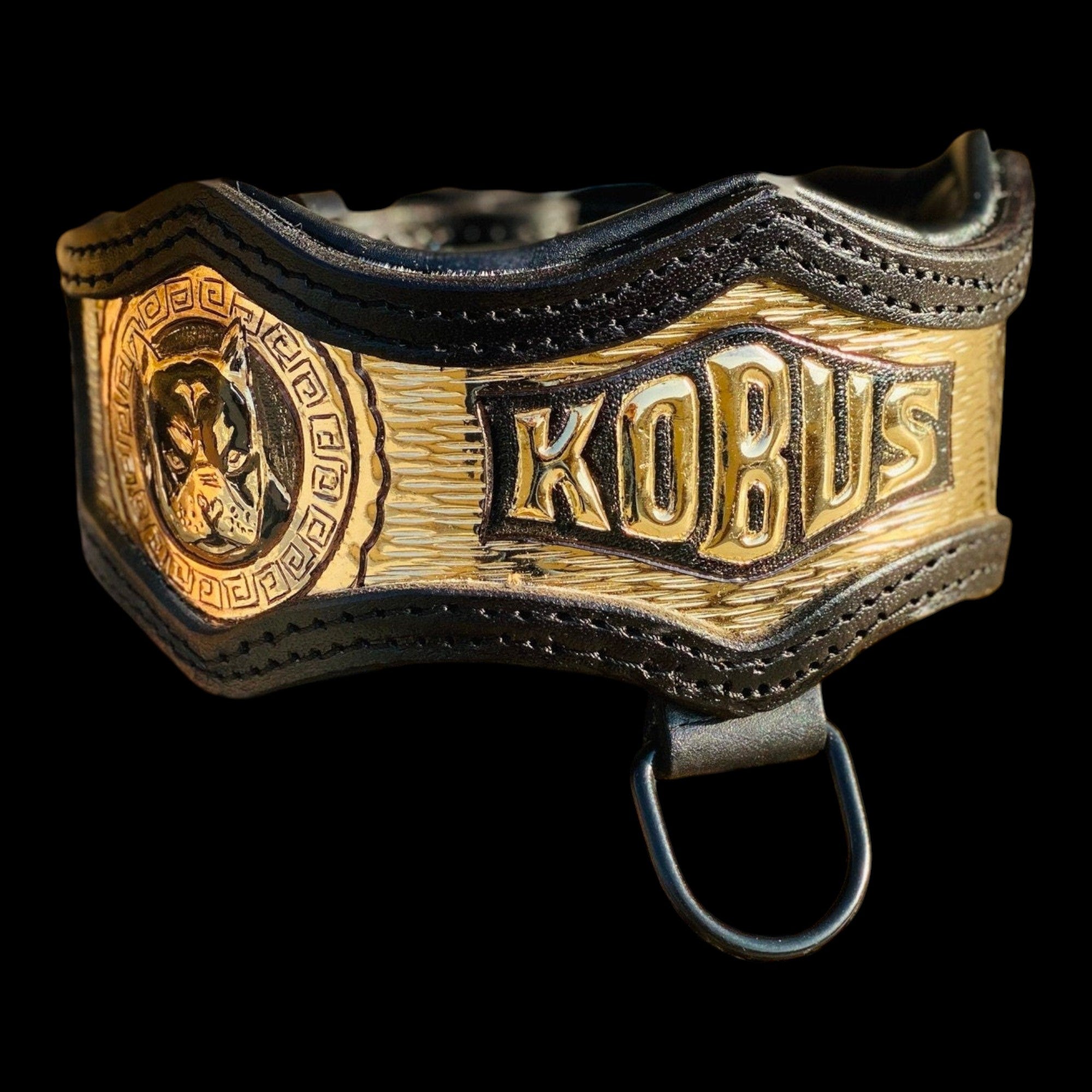 A&C Dog Collars handmade buffalo leather dog collar with engraved copper nameplate and warrior head emblem.