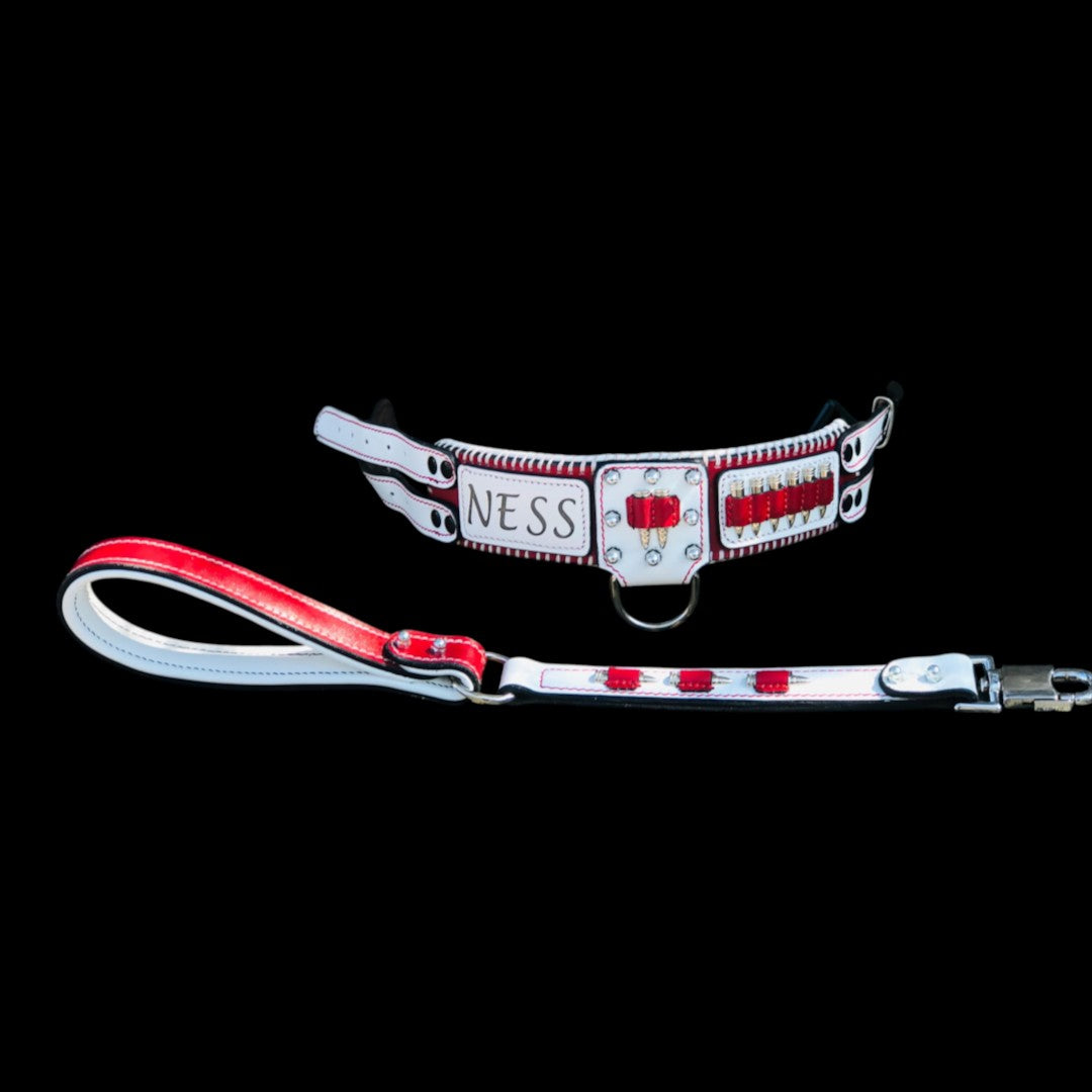 A&C Dog Collars handmade white and red buffalo leather dog collar and leash set with bullet accents and name engraving.