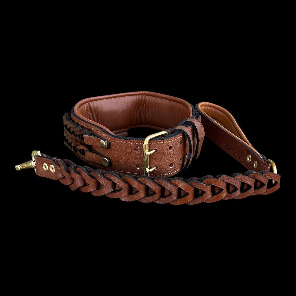 A&C Dog Collars marka, büyük ırklar için el yapımı, kahverengi örgülü deri köpek tasması ve uyumlu deri kayış seti.