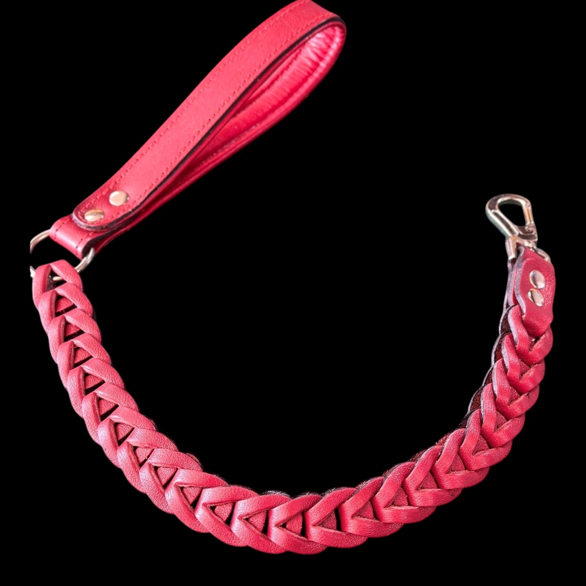 A&C Dog Collars 80cm red braided buffalo leather dog leash with a comfortable handle and heavy-duty metal snap hook.