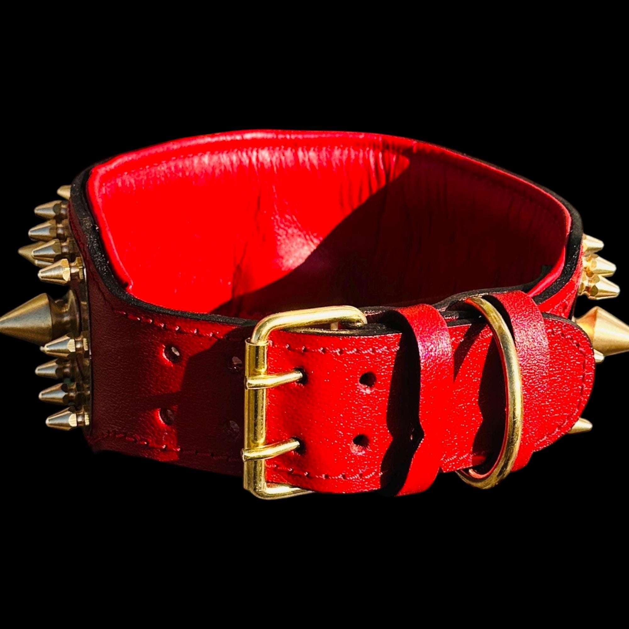 A&C Dog Collars handmade red buffalo leather dog collar featuring gold brass spikes and a heavy-duty buckle.
