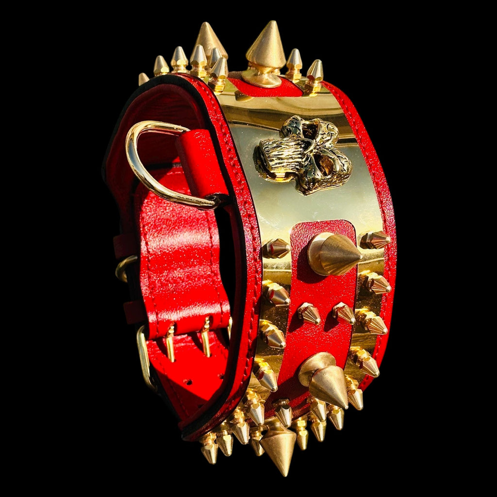 A&C Dog Collars red buffalo leather dog collar with gold Punisher logo plate and heavy-duty brass spikes.