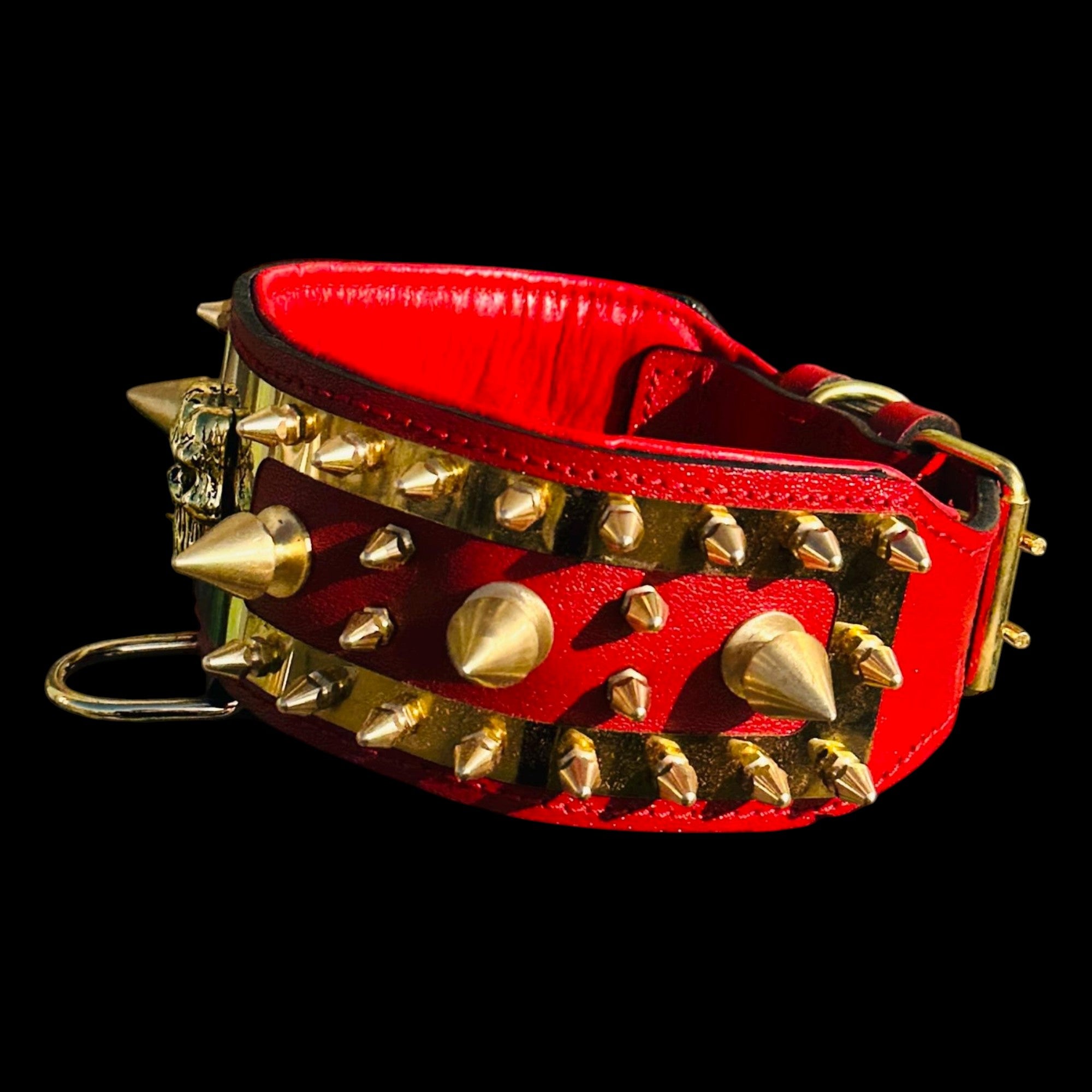 A&C Dog Collars handmade red buffalo leather dog collar featuring gold steel Punisher logo plate and brass spikes.