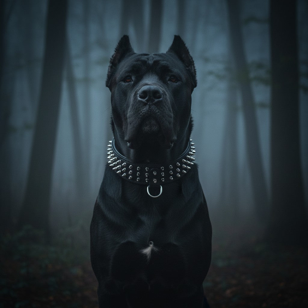 A&C Dog Collars el yapımı çivili siyah manda derisi köpek tasması takan büyük bir köpek sisli ormanda duruyor