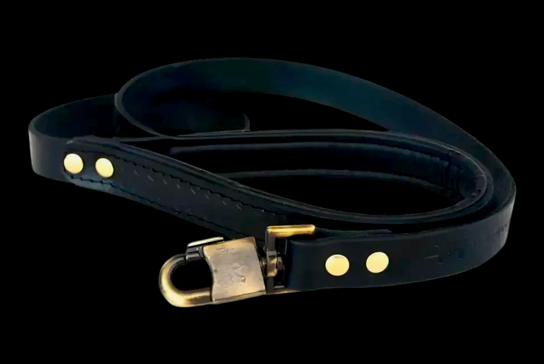 A&C Dog Collars marka, antik pirinç detaylı, dolgulu tutma yerine sahip dayanıklı siyah deri köpek gezdirme kayışı
