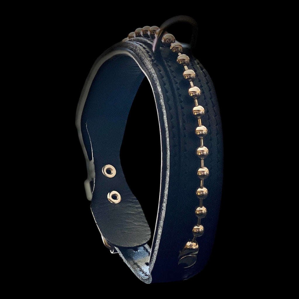 A&C Dog Collars marka pirinç boncuk detaylı, siyah manda derisi, dolgulu ve dayanıklı büyük ırk köpek tasması.