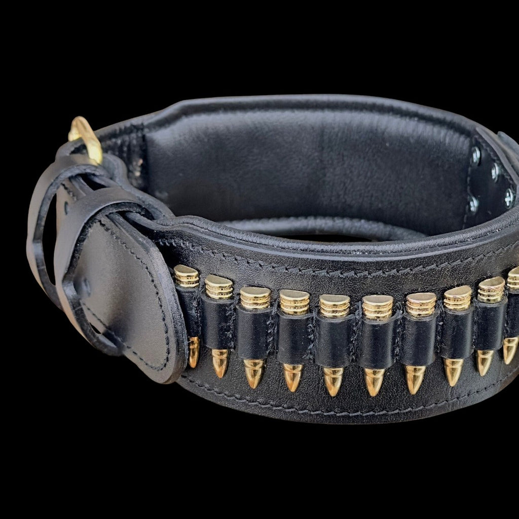 A&C Dog Collars büyük ırk köpekler için mermi detaylı, siyah hakiki manda derisi el yapımı köpek tasması