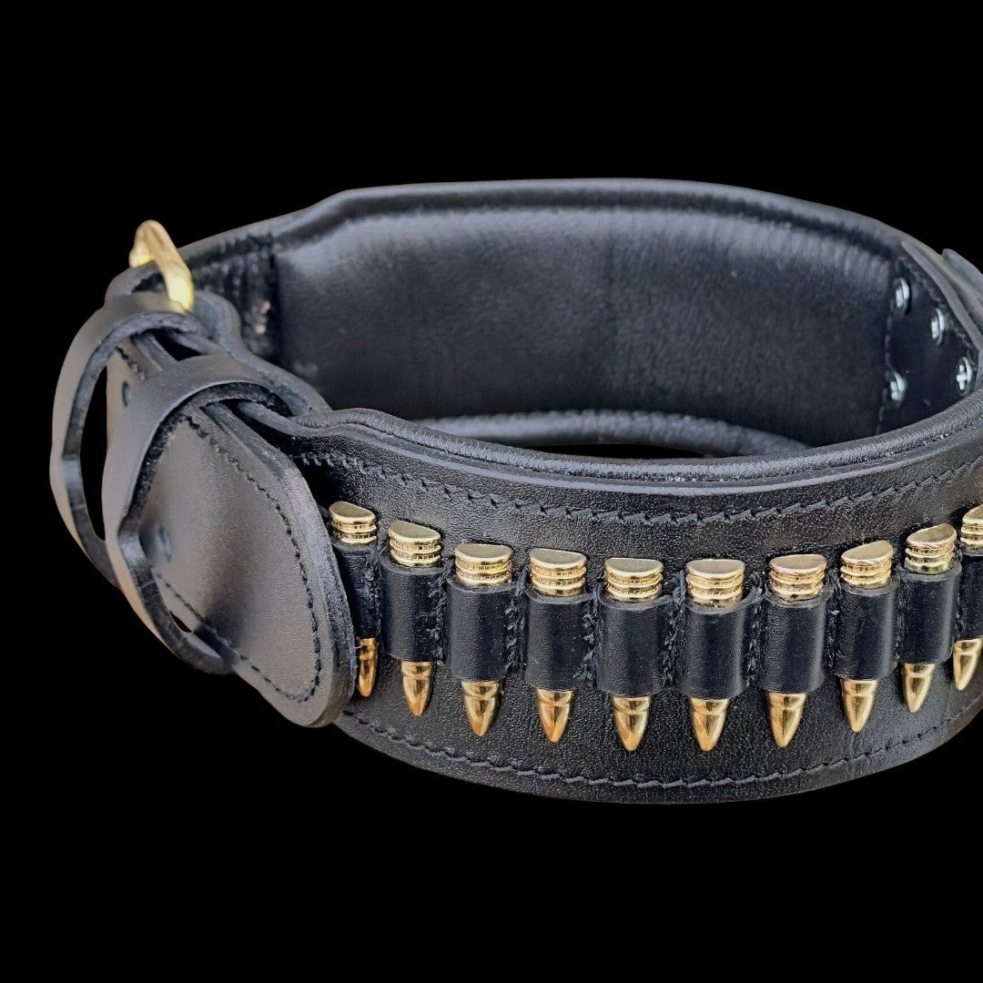 A&C Dog Collars büyük ırk köpekler için mermi detaylı, siyah hakiki manda derisi el yapımı köpek tasması