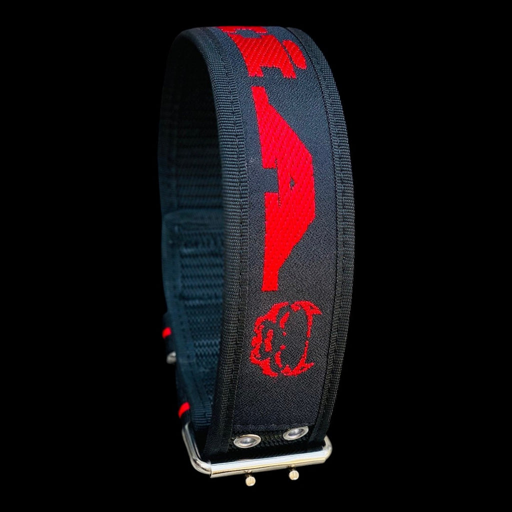 A&C Dog Collars marka, siyah naylon üzerine kırmızı işlemeli, metal tokalı ağır hizmet tipi köpek tasması.