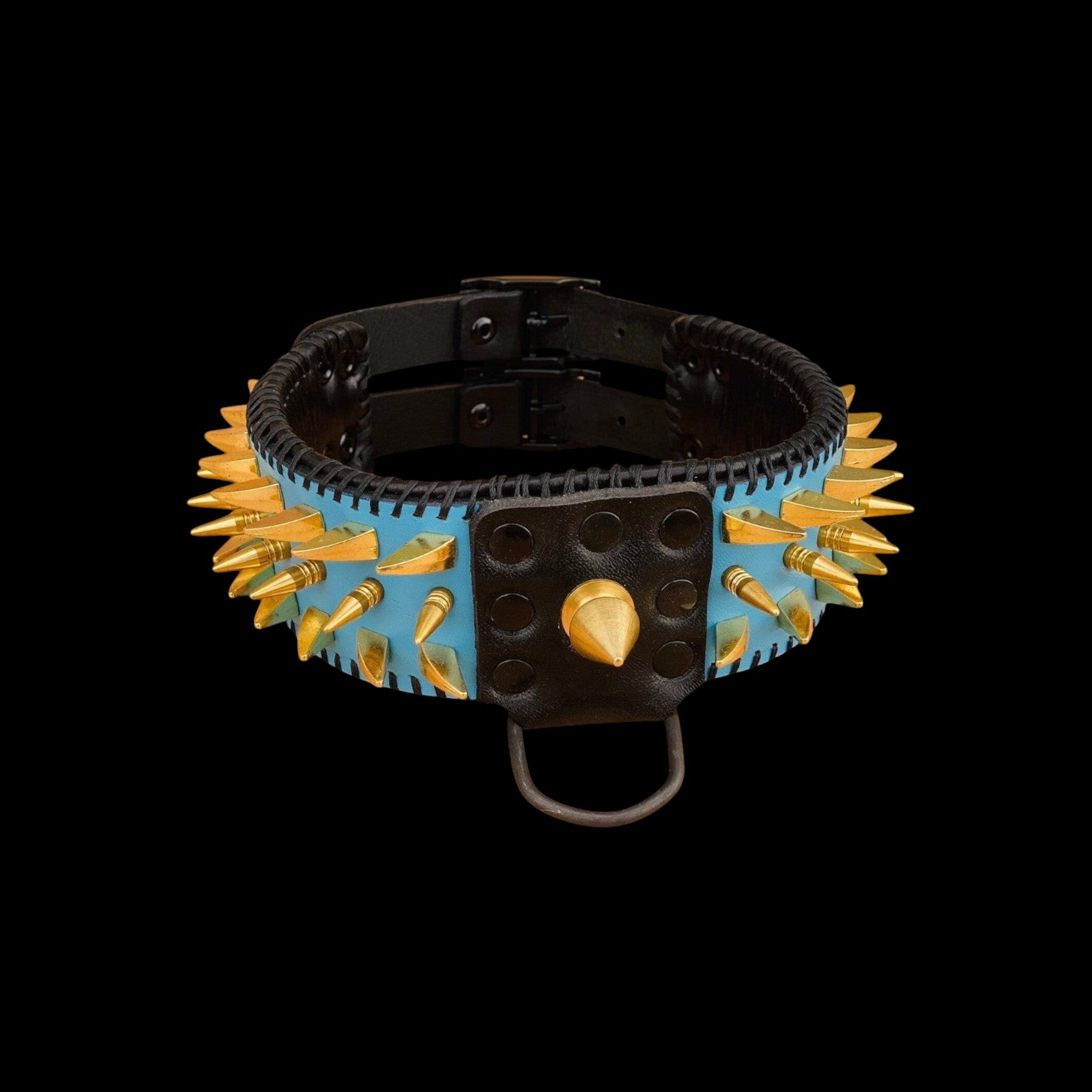 A&C Dog Collars marka turkuaz renkli, altın rengi çivili ve siyah dikişli el yapımı deri köpek tasması.