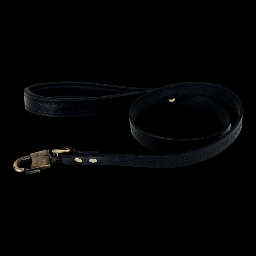 A&C Dog Collars handmade black buffalo leather dog leash with a durable stainless chrome plated metal clasp.