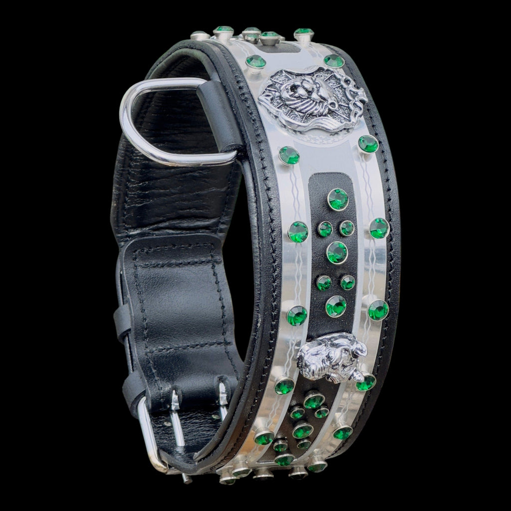 A&C Dog Collars handmade black buffalo leather dog collar featuring silver metal accents and green crystal studs.